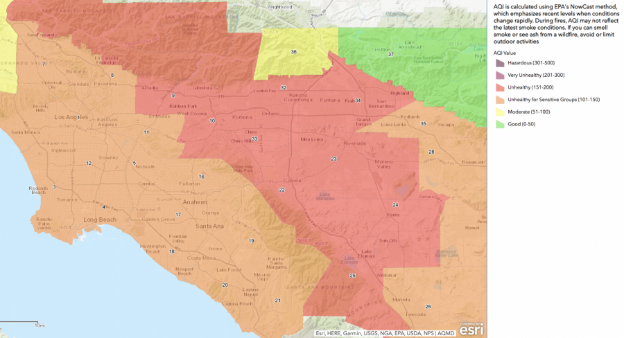 Safer inside: South Coast Air Quality Management air quality index map shows unhealthy air from Santa Monica to San Bernardino. 