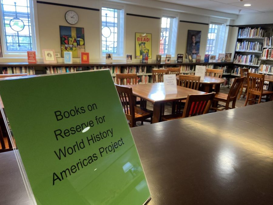 Mayfields Sr. Barbara Mullen Library is a hub for learning and a productive study space. Books are set aside for the World History class Americas Project. 