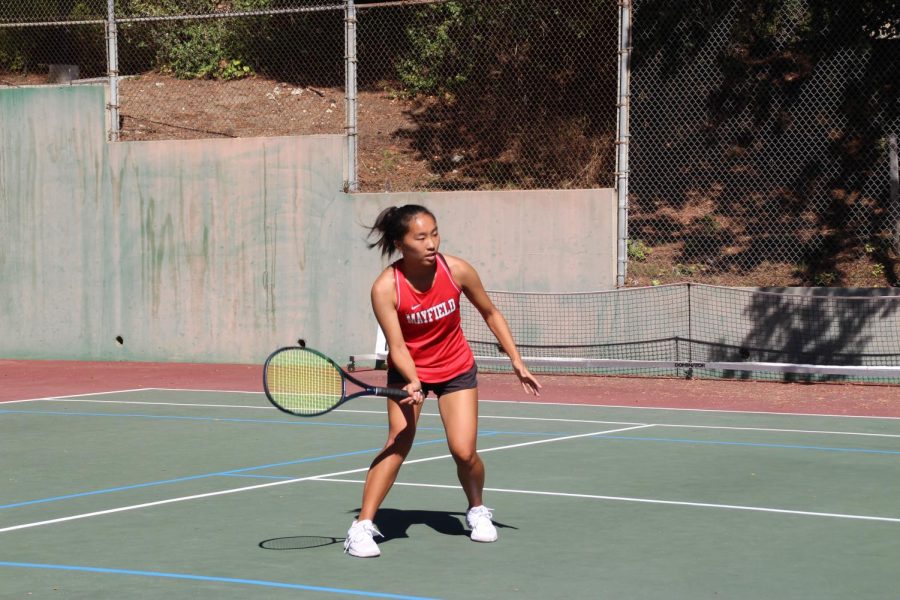 Varsity tennis star Sheryl Cheng 23 kills it on the tennis court. Photo courtesy of the Mayfield Crier. 