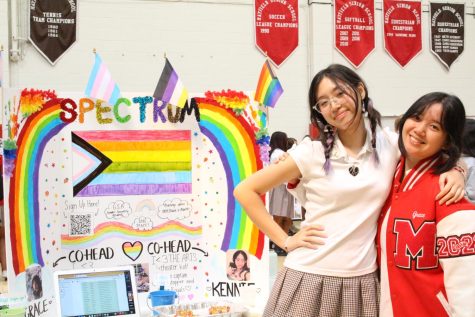 Spectrum club co-heads Kendall Cuenca 23 and Grace Nguyen 23 pose in front of their club fair poster. Photo courtesy of the Mayfield Crier. 