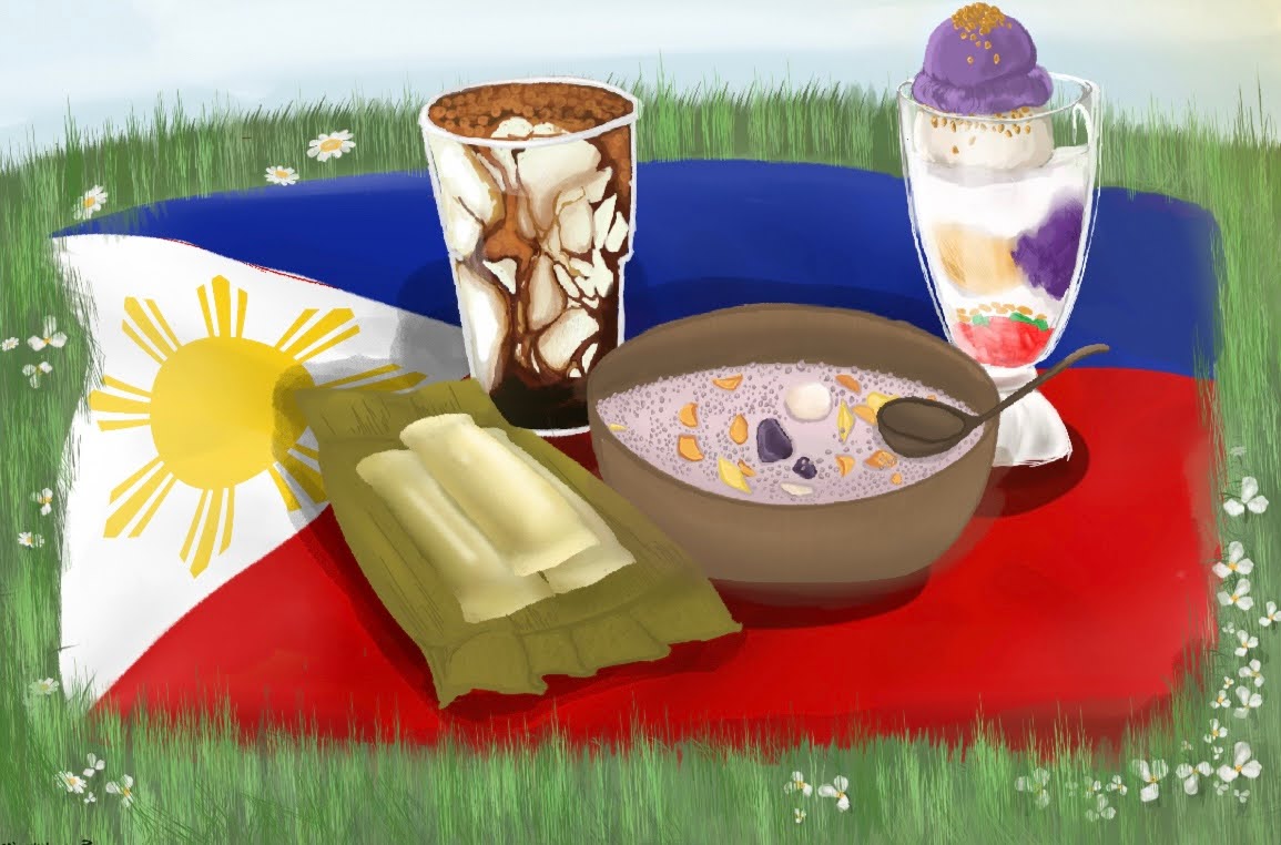 Illustration of suman, taho, bilo bilo, and halo-halo (left to right) on the Filipino flag. Art Credit: Sophie Kahng