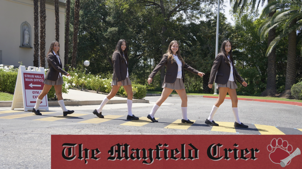 Leah Whitfield '26, Valentina Bicos '26, '26, Mary Elizabeth Ryan '26, and Evangeline Bicos '26 walk cheerfully together as they embark on their last year at Mayfield.