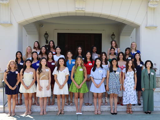 The 2026 Rose Court finalists gather together and pose for a photo at the Tournament of Roses Tournament House in Pasadena, initiating the selection process for the Rose Court. 