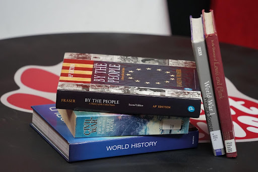 History books from Mayfield’s School Library collection, including textbooks and sources about events in History. Credit: Mayfield Crier