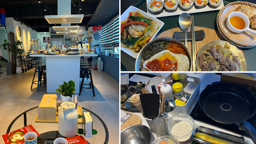 Seoul Cooking Club featured a neat kitchen setting to cook in. Some of the tasty food we made is pictured on the top right, including Japchae, Kimbap, Meat Pancakes, Bibimbap, and Beef Bulgogi (left to right). Photo Credit: Sophie Bilu.