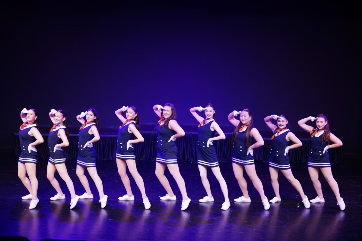 Taking to the skies with their opening number [from left to right] are Gia Lopez ‘29, Mackenzie Taylor ‘26, Victoria Chan ‘26, Chloe Baghdassarian ‘26, Guilliana McAlister ‘26, Selina Ye ‘27, Melissa Szeto ‘28, Sofia Lutero ‘27, and Madison Ruiz ‘27. 