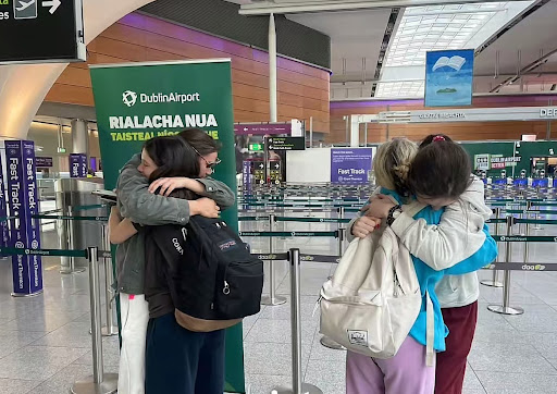 Irish students Anna Hayes and Juliette O’Driscoll Brereton saying goodbye to Americans Sofi Crist ‘28 and Juliette Gunn ‘28  in Dublin Airport. The pairs are swapped, saying goodbye to the other's exchange student. Photo taken by the Irish exchange students moms. This was very emotional and we were all very sad to leave our second families and all the bonds we made behind.